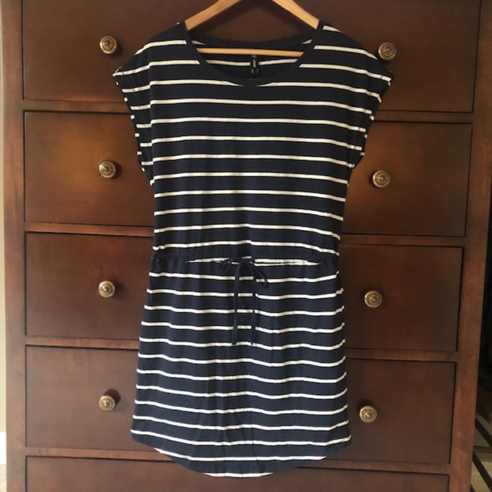 SALE - ONLY Cap Sleeve Jersey Dress, Navy Stripe, Size S